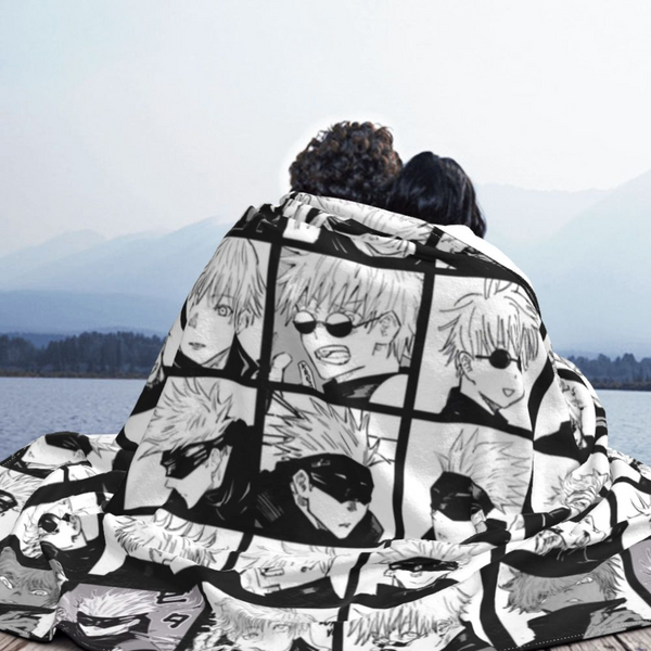 Couverture manga Satoru Gojo avec design en damier